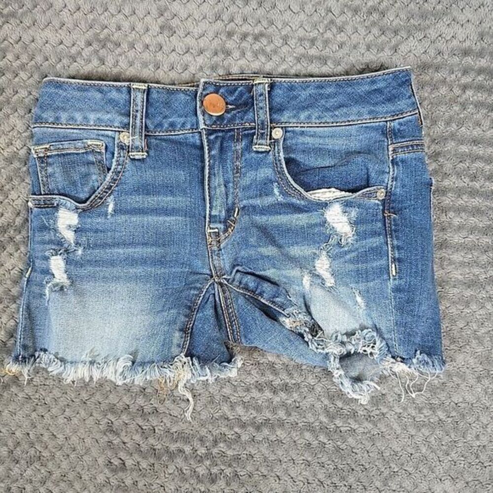 American Eagle Shorts Womens 00 Blue Super Stretch Distressed AEO Denim Casual